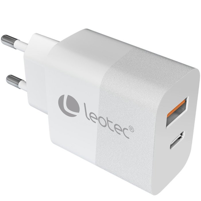 Leotec Cargador de Pared y Viaje USB-C PD + USB-A 20W Carga Rápida Blanco